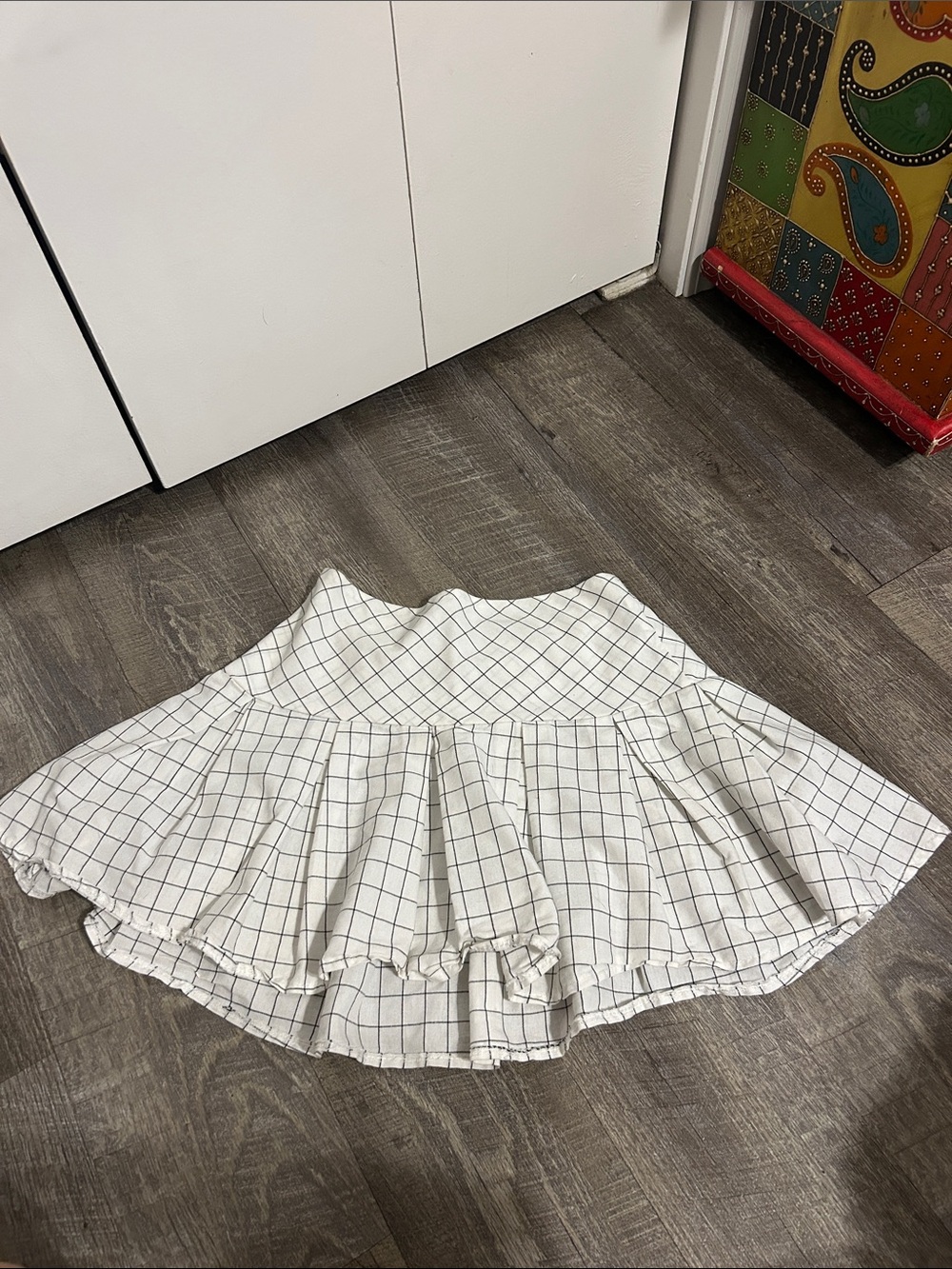 White Windowpane Tiered Flared Skirt